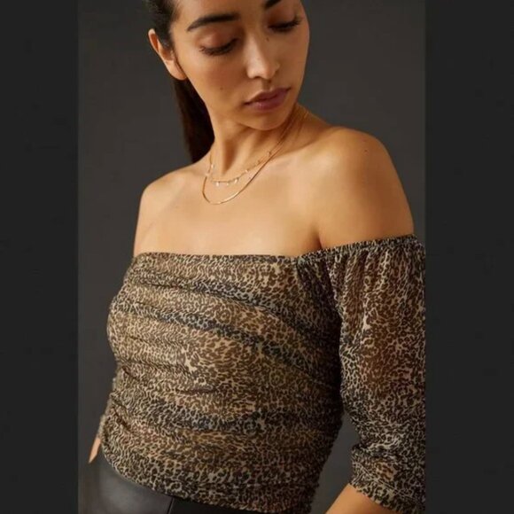 By Anthropologie‎ Shirred Leopard Print Mesh Top Women's XS Animal  Ruch… - Picture 2 of 8